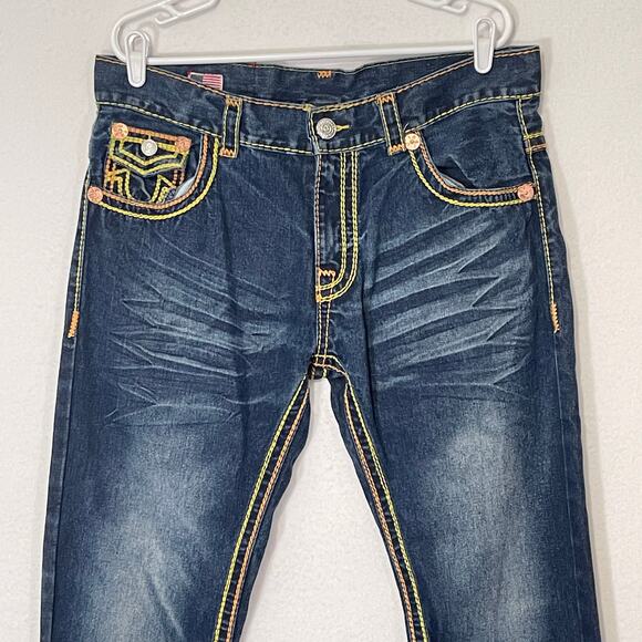 True Religion Vintage Y2K Mens Jeans 34x34 Yellow/Orange Stitching Flap Pocket - Picture 4 of 16